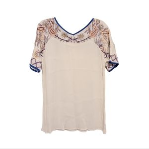 Mo Huan Yi Chu White Embroidered Tunic V-neck Top Shirt, Size L